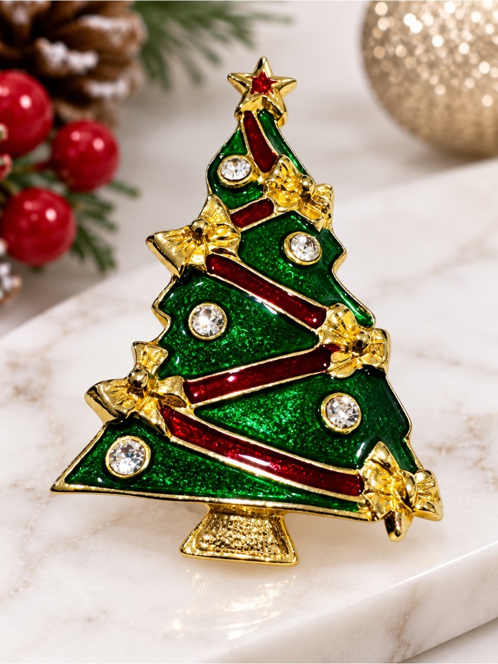 Vintage Christmas Tree Brooch Enamel Clear Rhinestone Ribbon Gold Tone Pin